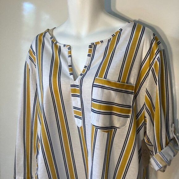 Eden & Olivia SZ 3X NWT Knit Pullover Yellow & Navy Stripe top roll tab sleeve - Picture 2 of 10